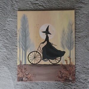 Original Acrylic Witch on Bicycle Canvas Art